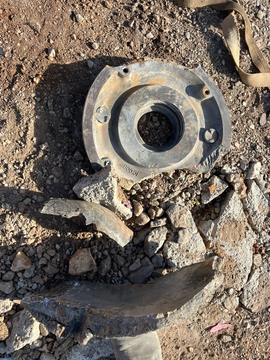 Weapon remnants found at the site where a two-story building was destroyed by an Israeli airstrike on November 1, 2024, in the al-Salah neighborhood in Younine, Lebanon. 