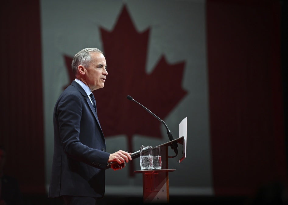 Canadian Prime Minister Mark Carney delivers his victory speech in the Canadian Federal Election in Ottawa, Ontario, Canada, April 28, 2025. 