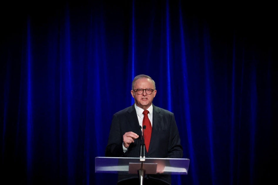 Australia's Prime Minister Anthony Albanese speaks at a Labor Party election night event, in Sydney, May 3, 2025. (