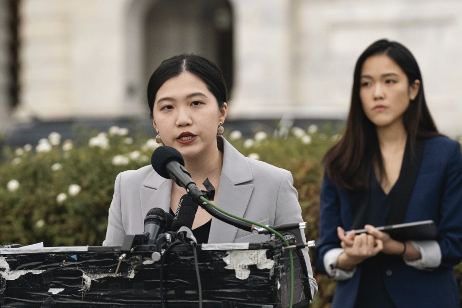Anna Kwok, executive director of the Washington-based Hong Kong Democracy Council, at a rally in support of Hong Kong 47, Washington DC, November 19, 2024. (