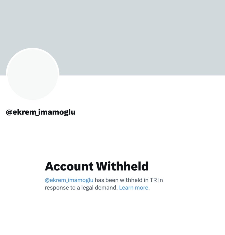 Screenshot showing Jailed Istanbul Mayor Ekrem Imamoglu's X page, currently blocked in Türkiye.