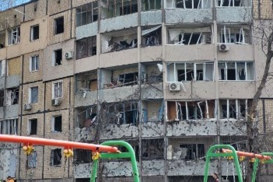Damaged facade of an apartment building