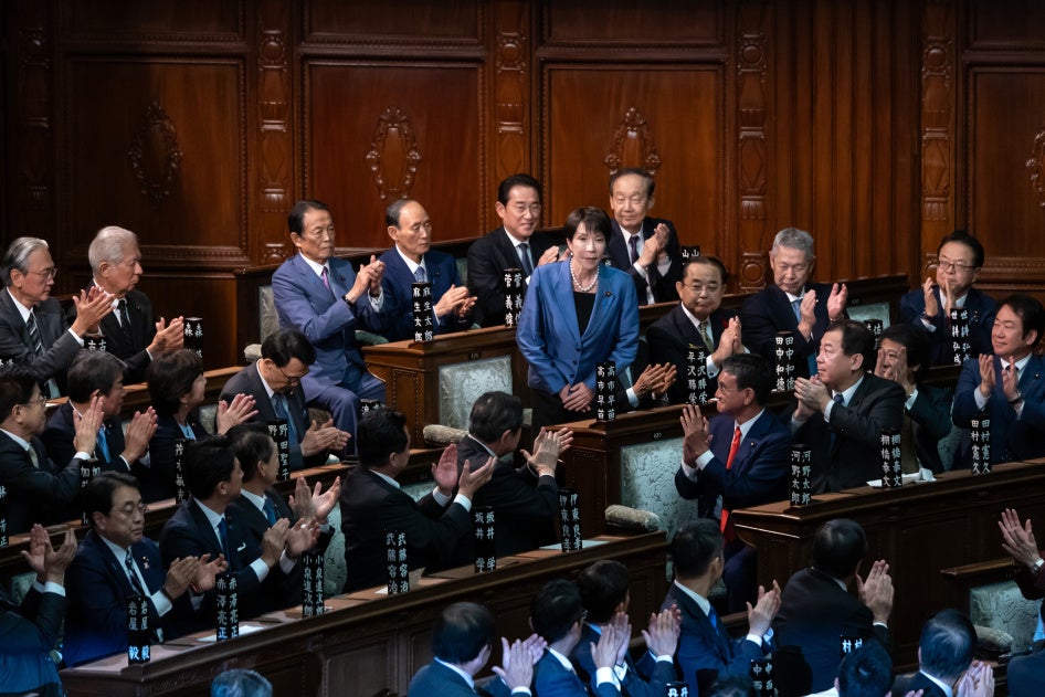 Sanae Takaichi is applauded after being elected Japan's new prime minister, October 21, 2025.