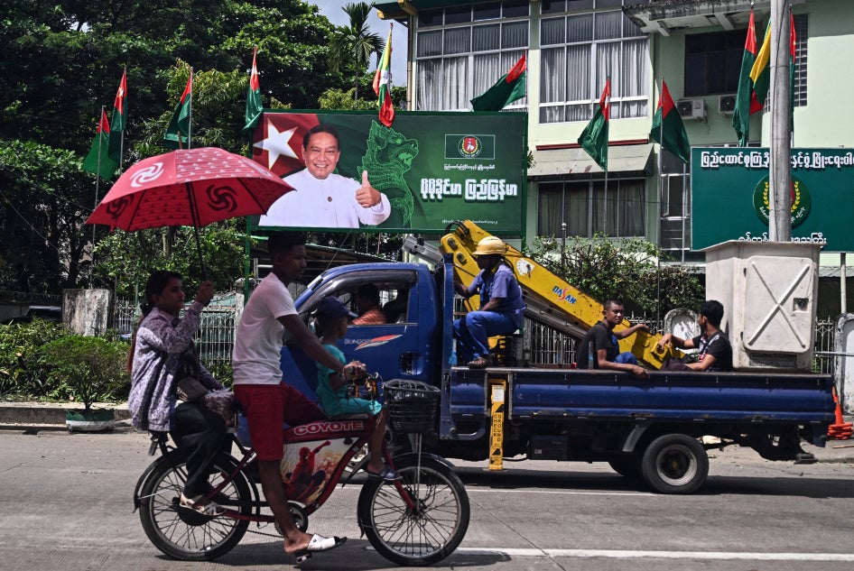 A billboard of the chairman of the Myanmar military-backed Union Solidarity and Development Party ahead of the start of the campaign period for the junta’s elections in Yangon, October 27, 2025. 