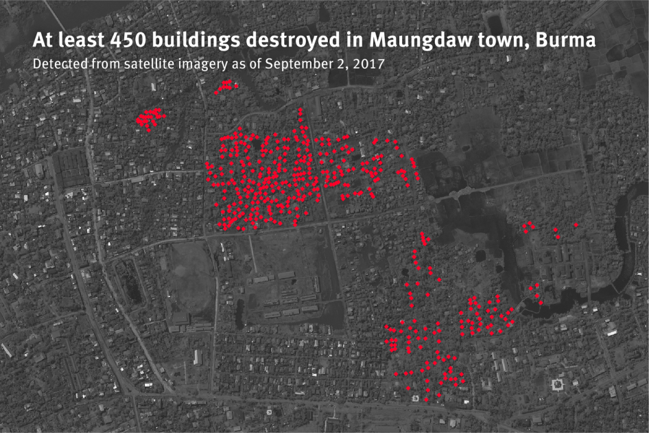 Map locating 450 buildings destroyed in August 2017 in a Rohingya neighborhood of Maungdaw town, Rakhine State, Burma.
