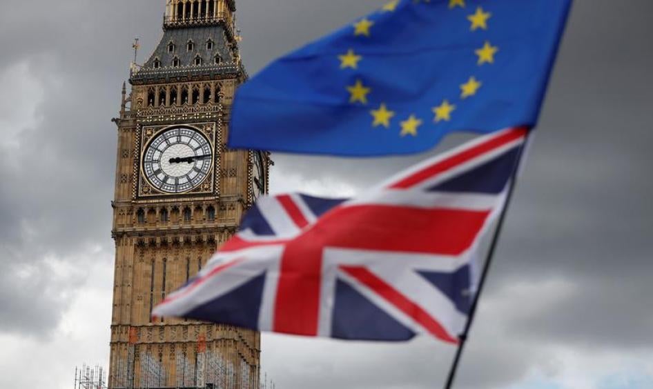 The Union Flag and European Union flag fly in Parliament Square in central London, September 9, 2017.