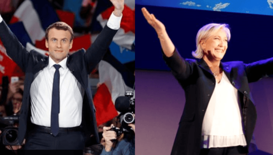 Emmanuel Macron et Marine Le Pen, candidats à l'élection présidentielle de 2017 en France. À gauche, Emmanuel Macron lors d’un rassemblement de son parti «&nbsp;En Marche&nbsp;!&nbsp;» à Paris le 17 avril 2017. À droite, Marine Le Pen, lors d’un rassemblement du Front n