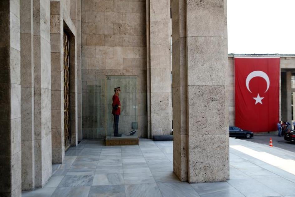 A guard stands at his post in front of the Turkish parliament in Ankara,Turkey, July 19, 2016.