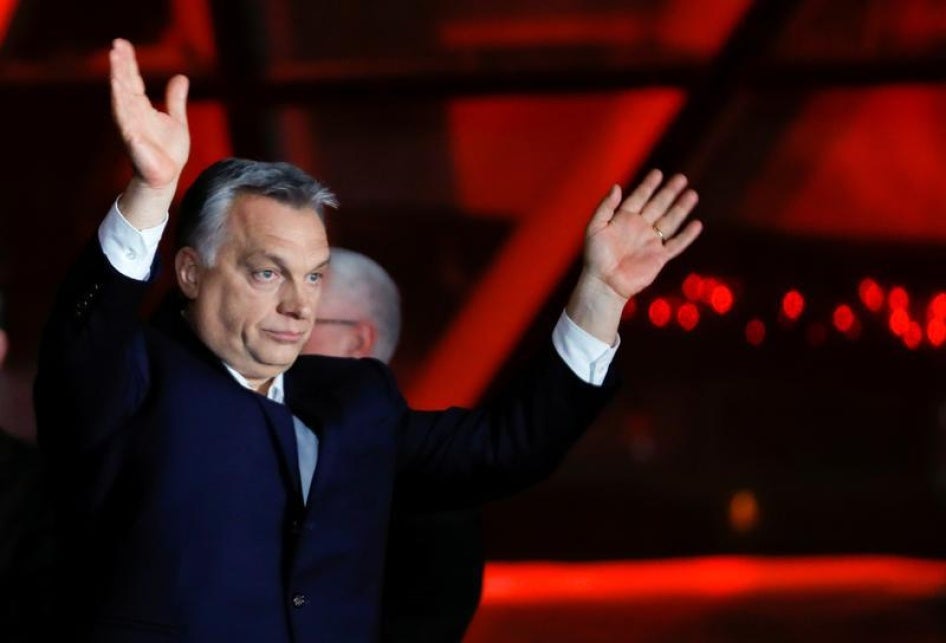 Hungarian Prime Minister Viktor Orbán addresses supporters after the announcement of partial results of the parliamentary election in Budapest, Hungary, April 8, 2018.