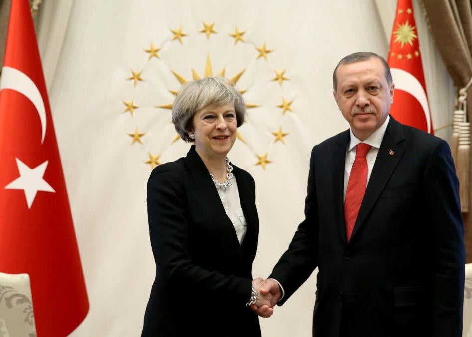 Turkish President Tayyip Erdogan meets with Britain's Prime Minister Theresa May at the Presidential Palace in Ankara, Turkey, January 28, 2017.