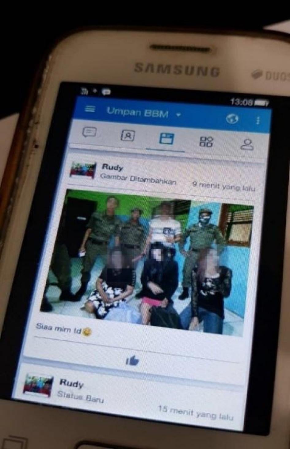 Municipal police in South Kalimantan province posted a photograph on Facebook of the detainees after a June 2017 raid on a gathering of transgender women in a public park. Photo by Andreas Harsono. 