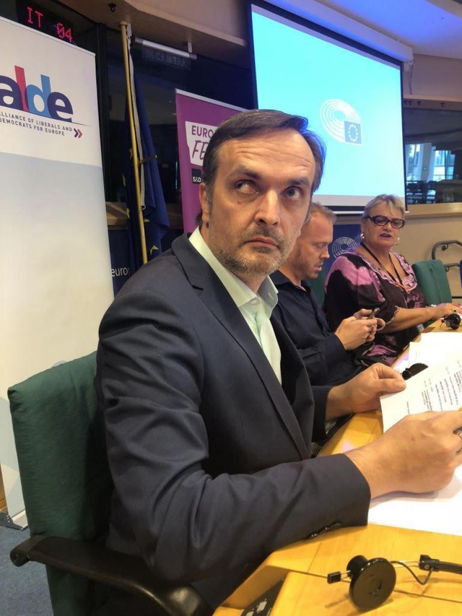 Igor Kochetkov speaking at the European Parliament about persecution of LGBT people in Chechnya. 