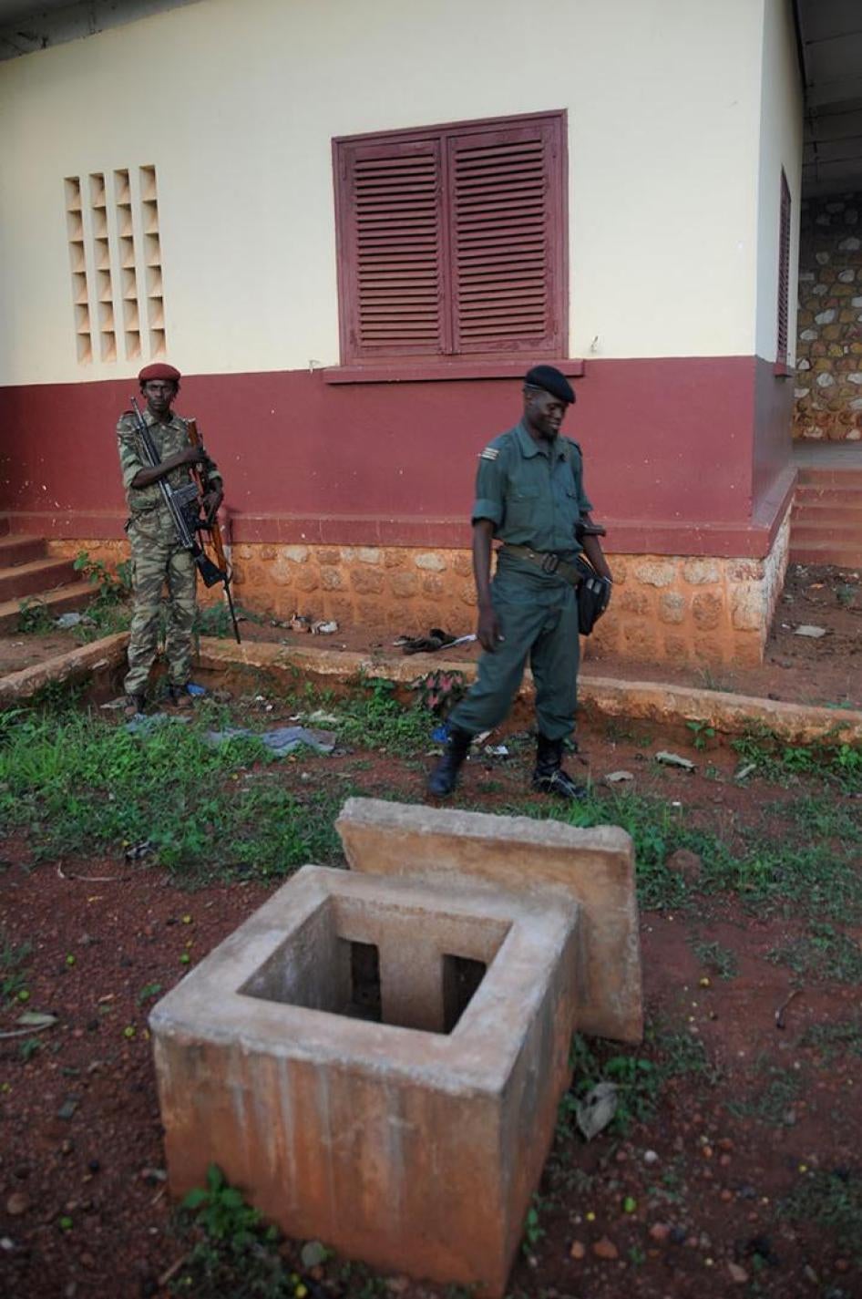Seleka fighters standing outside former President François Bozizé’s villa at the Bossembélé military training center.