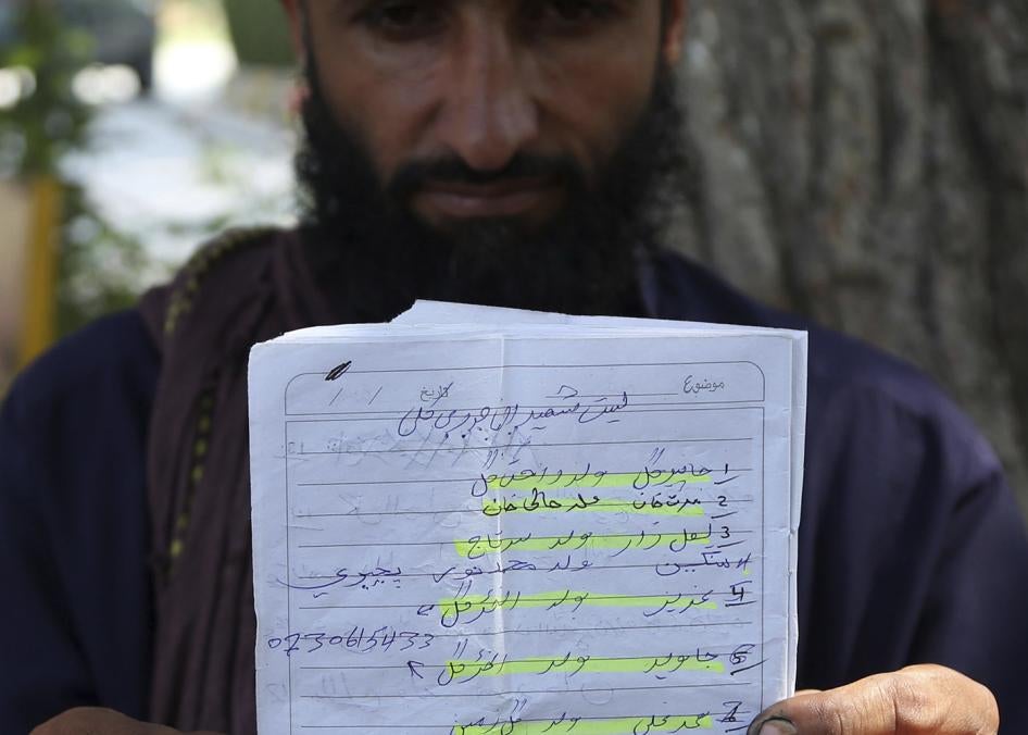 Abdul Jabar, who lost four family members, shows a list of villagers who were killed in a September 19, 2019 airstrike in Jalalabad, Afghanistan, October 1, 2019. © 2019 AP Photo/Rahmat Gul
