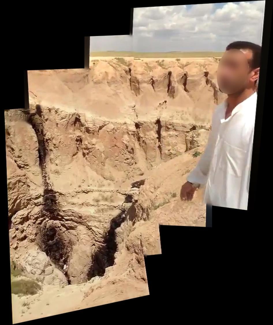 Screenshots of video from al-Hota posted on April 18, 2013. The media activist claimed that “hundreds of bodies” of government soldiers and members of the security services were dumped here, but no bodies are shown. 