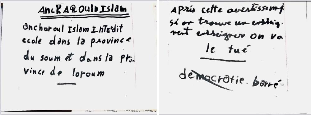 Two handwritten notes in French