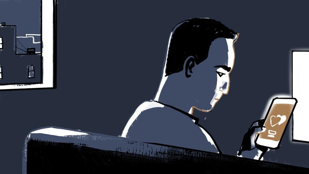 An illustration of a man using a dating app on his phone