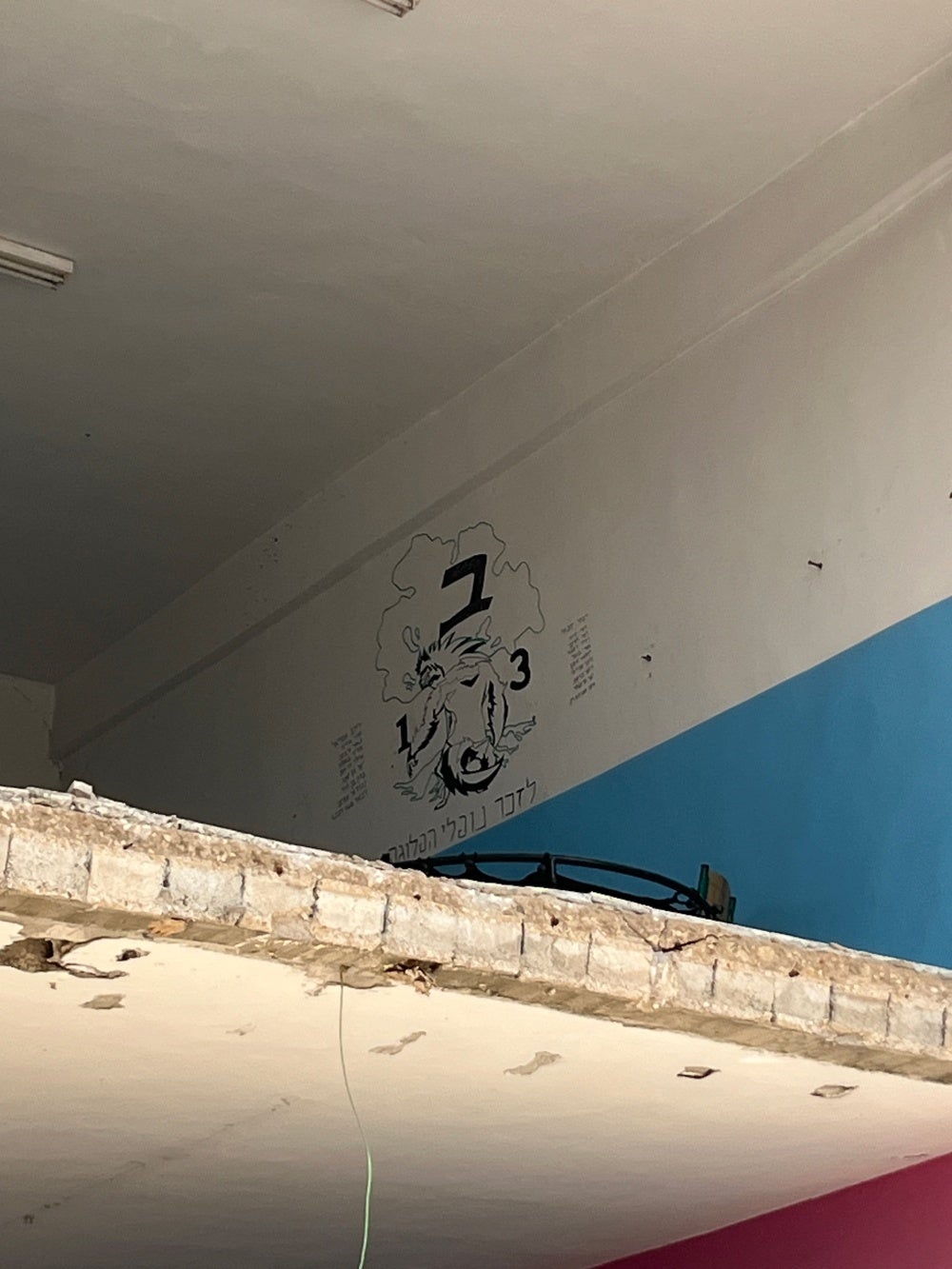 Graffiti, referencing the Israeli military’s Golani Brigade, found on the walls of a classroom at Yarine Intermediate Public School, Lebanon, March 6, 2025.