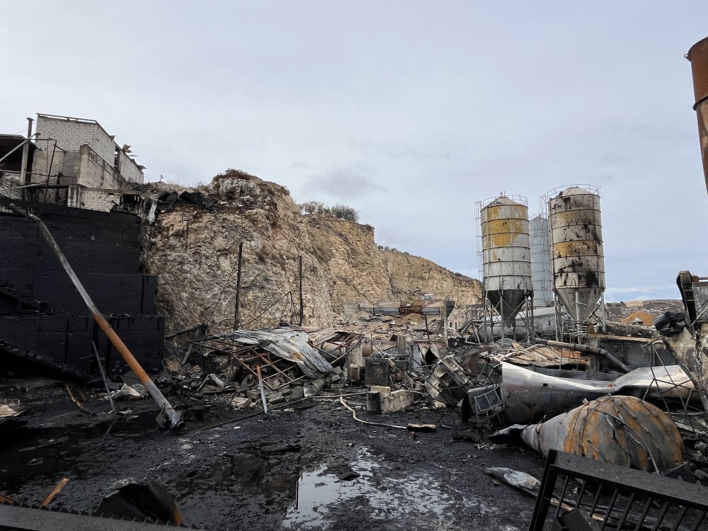 Aftermath of Israeli strikes on October 16, 2025, on an asphalt and cement factory in Sinay, southern Lebanon