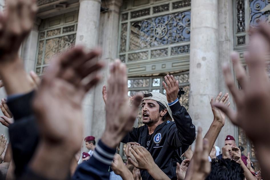 Syrians demonstrate in front of the Keleti train station in Budapest, Hungary, after the Hungarian police prevented them from boarding trains to Germany. September 2, 2015.