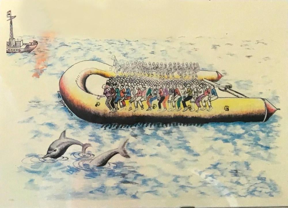 “The Crossing,” drawing by a Senegalese man hanging in the Villa Sikania reception center in Sicily, Italy.