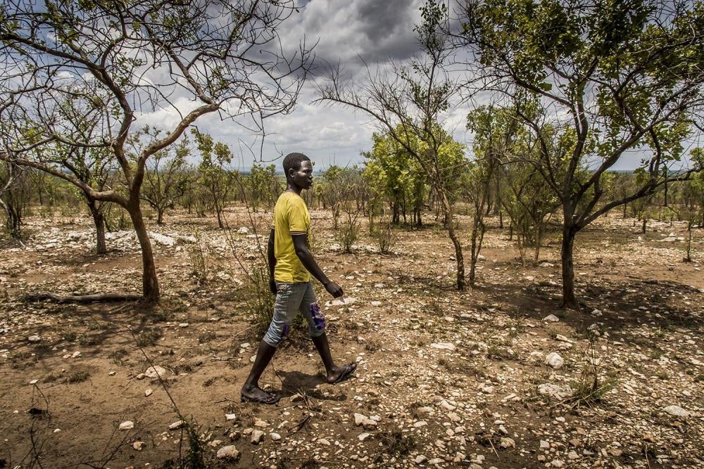 A refugee surveys the small plot of land allocated by Ugandan authorities to his family in the Bidibidi refugee settlement, April 8, 2017. 