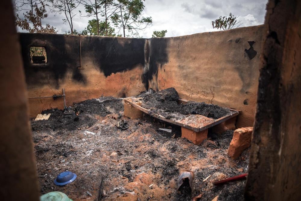 The charred remains of a home in the town of Loopo, in South Sudan’s Kajo Keji county. Opposition fighters who control the town claim government forces burned several homes following armed clashes in early April, April 25, 2017.  