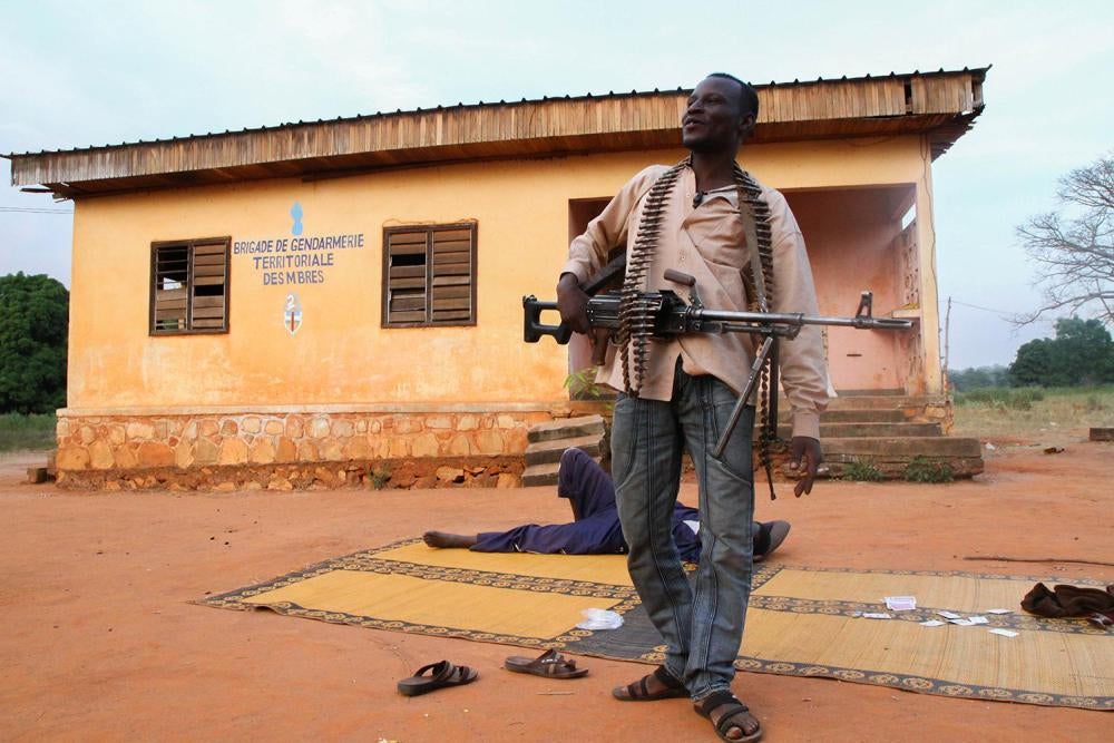 Fighters from the Central African Patriotic Movement (Mouvement Patriotique pour la Centrafrique,  MPC), a Seleka group, in Mbrès, Nana-Grébizi province, who are based next to two schools.