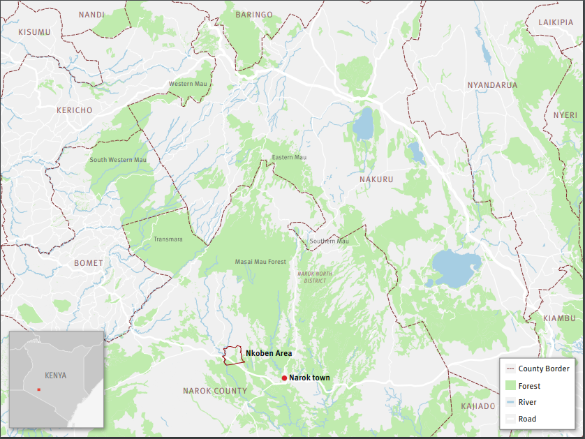 Map showing Mau forest. The Nkoben area, on the Maasai Mau side of the forest, was the site of forceful evictions in 2018.