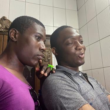 Patricia and Shakiro, two transgender women who were convicted in May of "attempted homosexuality," record a video after their release to thank those who supported them in Douala, Cameroon, July 16, 2021.