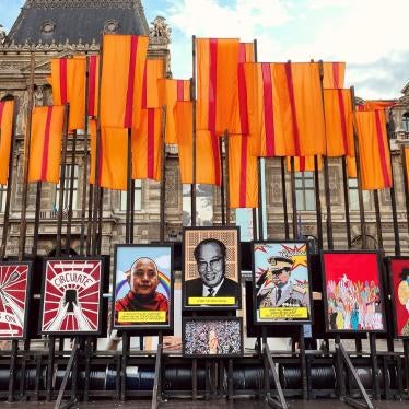 Installation de l'exposition Fighting Fear #WhatSHappeningInMyanmar Place du Palais Royal à Paris