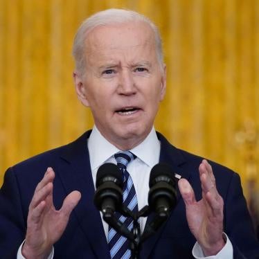 US President Joe Biden speaks in the East Room of the White House in Washington, February 24, 2022.