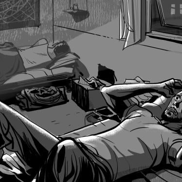 Black-and-white illustration of two men in a bedroom, lying on their beds. One is turned away and seems asleep, covered with a blanket. The other man lies on his back, wearing trousers and a t-shirt, with his eyes wide open, staring at the ceiling. He is holding his head with both hands, he seems frightened