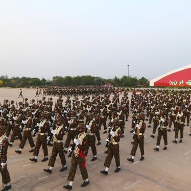 Myanmar military officers march during a parade