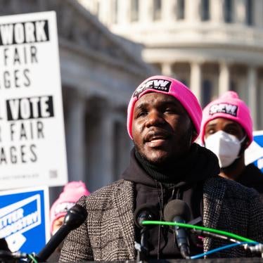 Restaurant worker speaks during a press conference calling on Congress to abolish minimum way for tipped workers in Washington DC. 