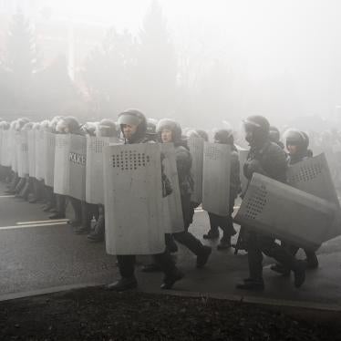 Riot police block demonstrators during a protest in Almaty, Kazakhstan, January 5, 2022. 