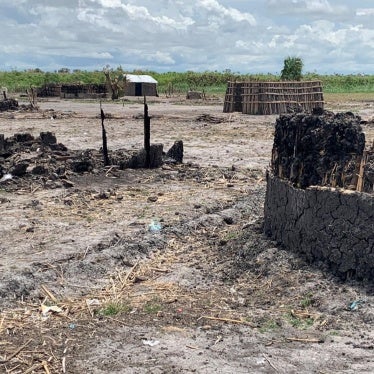 The remains of burnt homes in the town of Adok in Leer county, South Sudan. Photo taken in May 2022.