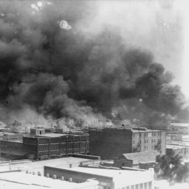 Smoke billows after 1921 Race Massacre, Tulsa, Oklahoma.