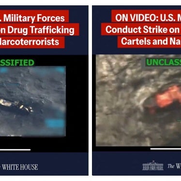A combination image shows two screen captures from a footage posted on the X account of The White House on September 15, 2025, of what US President Donald Trump said was a military strike on a Venezuelan drug cartel vessel, the second such strike carried out against an alleged drug boat in recent weeks. 