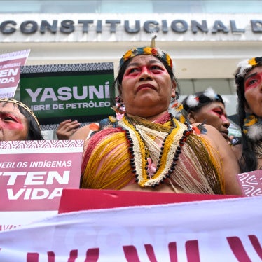 Waorani Indigenous leaders protest in front of the Constitutional Court in Quito on August 20, 2025, two years after a key victory for climate democracy in an Indigenous-led referendum to halt exploitation of an oil block in Yasuni National Park. 