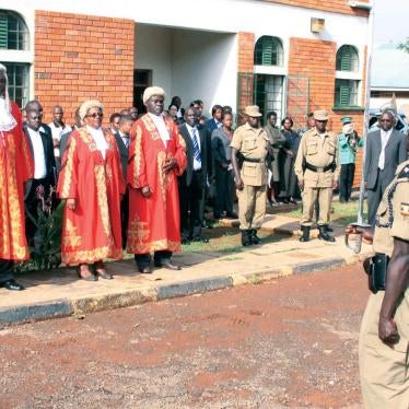 Judges at the opening of the war crimes trial, of Thomas Kwoyelo, before Uganda’s International Crimes Division.