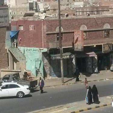 A military vehicle stationed outside the Association of Social Solidarity Charity and the Renaissance Homeland Foundation, two nongovernmental organizations, on April 4, 2015, two days after both organizations were raided and forcibly shut by Houthi force