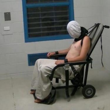 A still from the Australian Broadcasting Company’s program Four Corners, showing 17-year-old Dylan Voller strapped into a mechanical restraint chair in March 2015, Northern Territory, Australia.