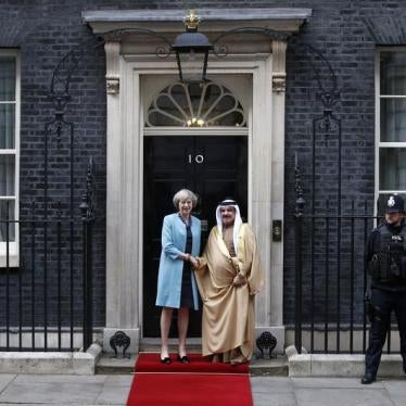 Britain's Prime Minister Theresa May (L) greets Bahrain's King Hamad bin Isa al-Khalifa in front of 10 Downing Street, in London, Britain October 26, 2016.