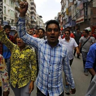 Protesters chanting slogans take part in a general strike organized by the Nepal Federation of Indigenous Nationalities (NEFIN) criticizing the draft of the new constitution in Kathmandu, Nepal, on August 23, 2015. © 2015 Reuters