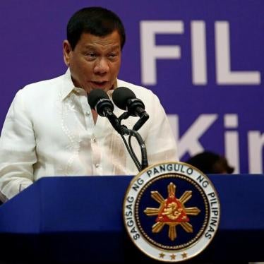 Philippine President Rodrigo Duterte speaks during a meeting with the Filipino community in Riyadh, Saudi Arabia, April 12, 2017.