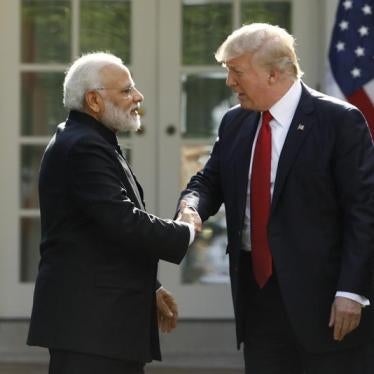 U.S. President Donald Trump (R) greets Indian Prime Minister Narendra Modi during their joint news conference in the Rose Garden of the White House in Washington, U.S., June 26, 2017.