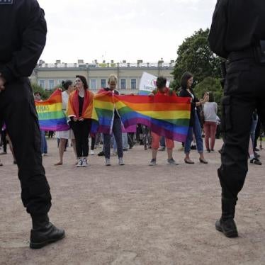 Interior Ministry officers guard the LGBT (lesbian, gay, bisexual, and transgender) community rally "VIII St.Petersburg Pride" in St. Petersburg, Russia August 12, 2017.