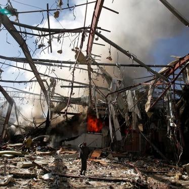 The remains of a community hall in Sanaa, the capital of Yemen, after Saudi-led coalition warplanes attacked a funeral ceremony there on October 8, 2016. 