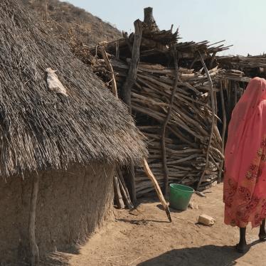 Woman walking besides huts.